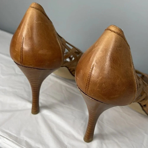 Maripe Rio Peep Toe Leather Shoes Tan Cutout Crossover Heels Retro Summer 11 - Picture 8 of 13